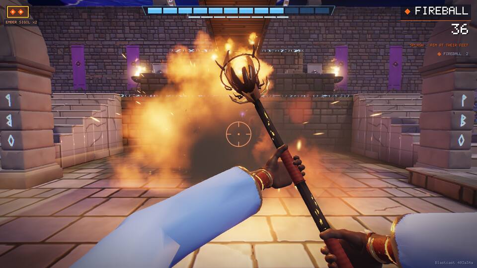 First-person view holding a fire staff